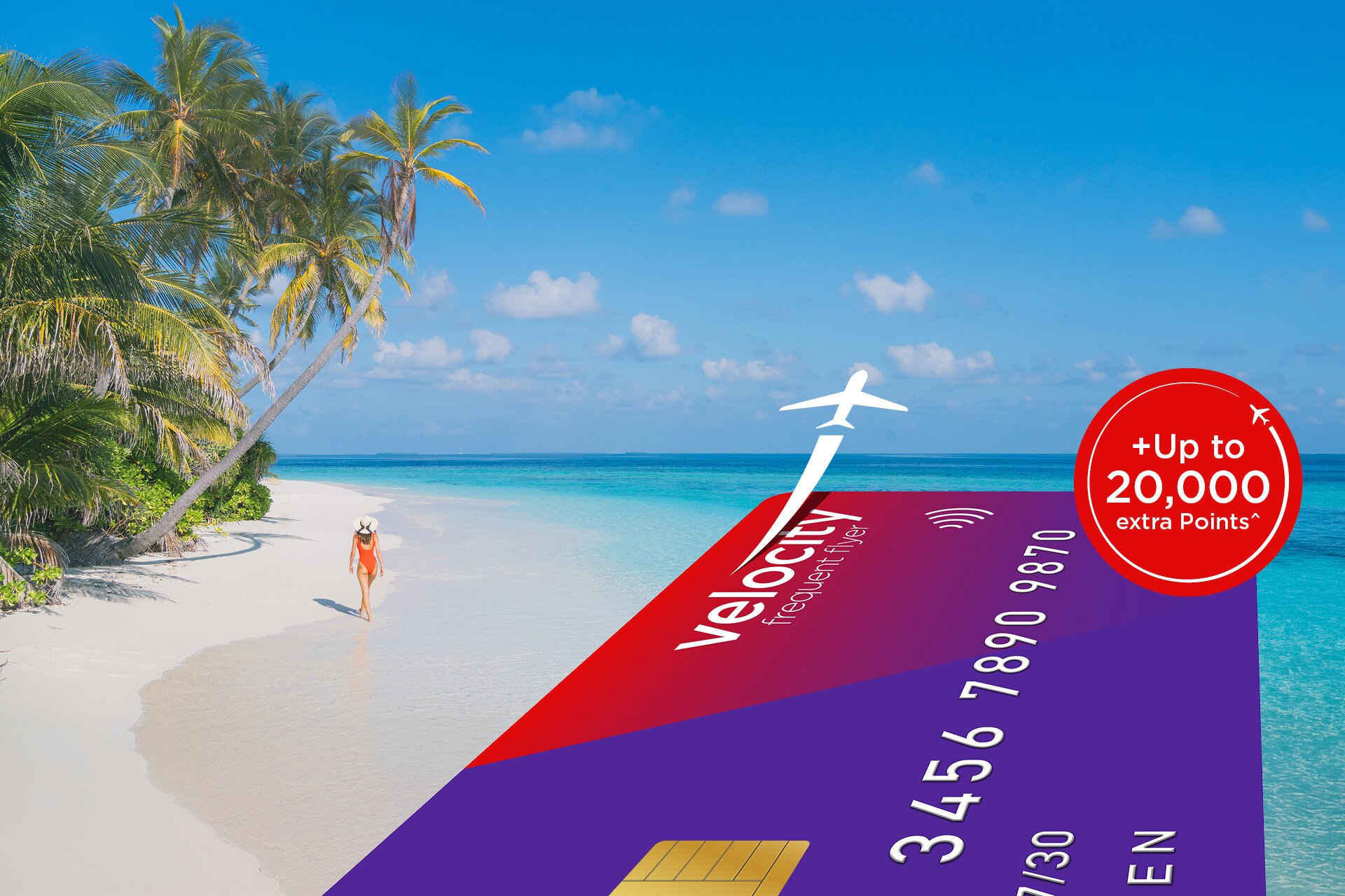 Tropical beach scene with a Velocity Frequent Flyer credit card extending into the ocean, highlighting up to 20,000 bonus Velocity Points.